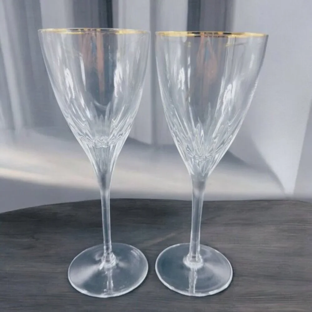 Waterford Marquis Claria Gold Rim Flute Goblet Drinking Glasses Clear 2 Cups Set